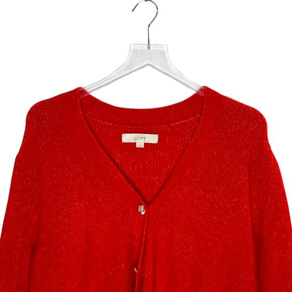 Loft L Womens Jeweled Button V Neck Cardigan Sweater Tango Red Fuzzy - Picture 5 of 8